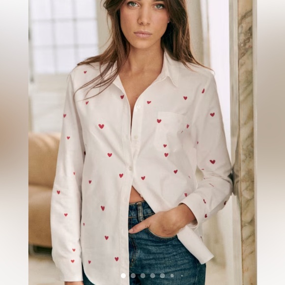 Sézane Tomboy Shirt Embroidered Red Hearts - Picture 1 of 12